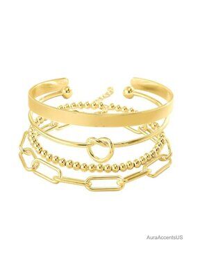 4pcs Gold Plated Cuff Bangle & Beaded Bracelet Stack Set for Women